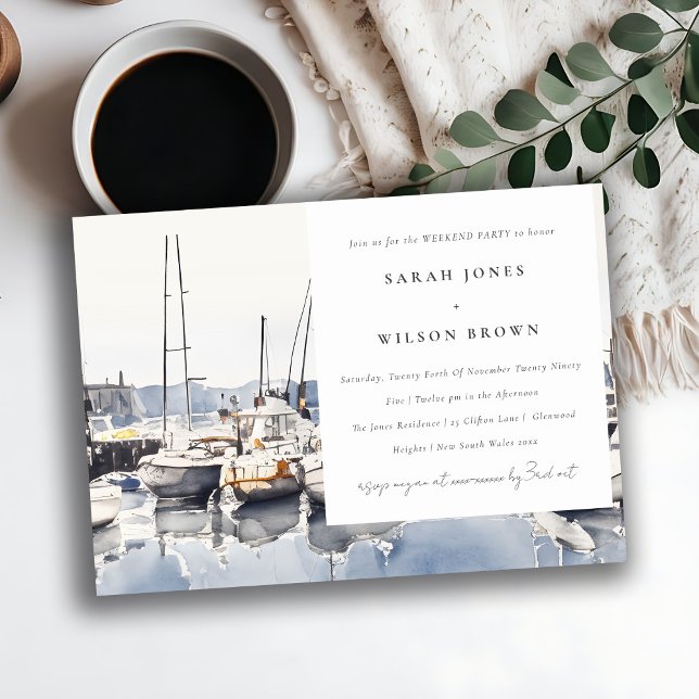 Kustbåtar vid hamn Sjölandskap Helgparty Inbjudningar (Skapare uppladdad)