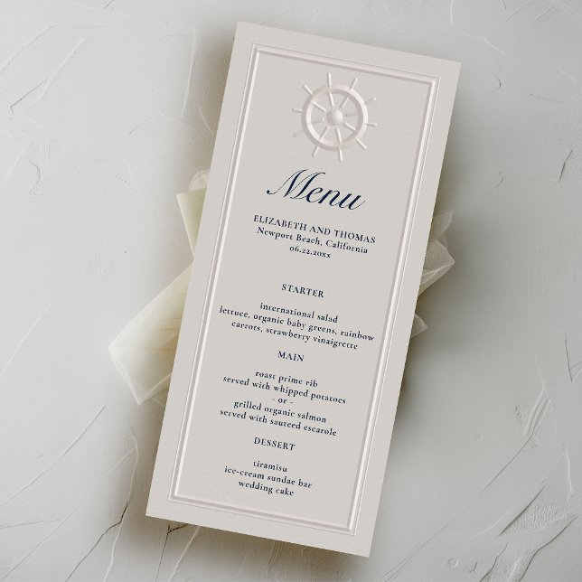 Kustbåtens Helm Faux Embossed Forme Bröllop Meny (nautical wedding menu card faux embossed boat helm double frame modern classic navy ivory elegant)