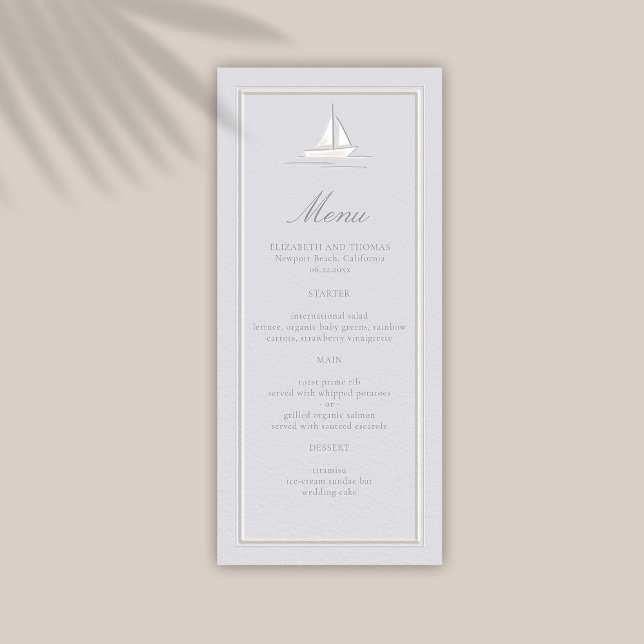 Kustbåtens Nautical Faux Embossed Forme Bröllop Meny (coastal wedding menu classic formal traditional frame faux embossed boat nautical beach yacht)