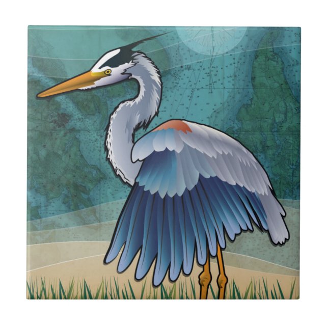 Kustblå Heron Kakelplatta (Framsidan)