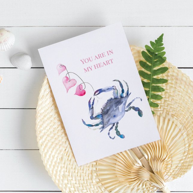 Kustblå krabba akvarell strand valentinkort kort (Valentines cards feature blue crab and pink hearts by Victoria Grigaliunas. Printed cards printable)
