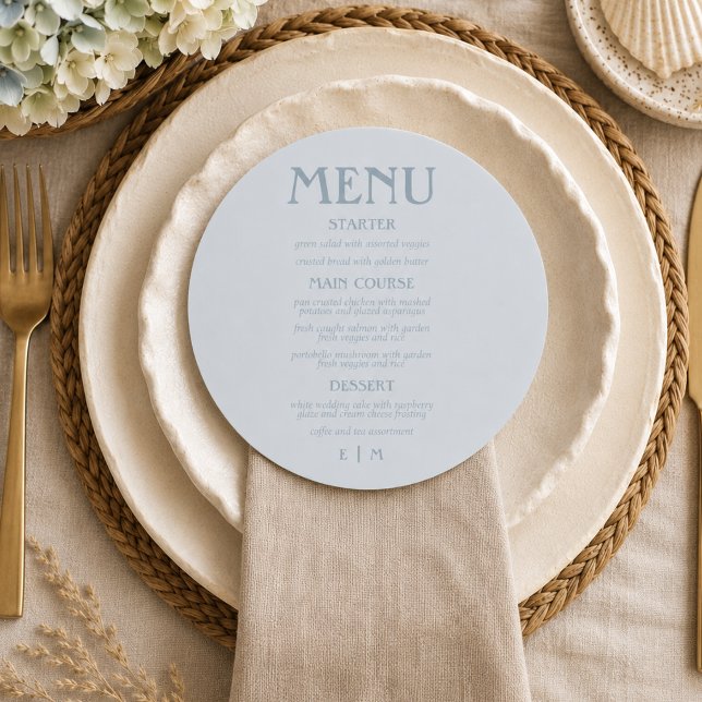 Kustblå Script Cirkulär Formell Bröllopsmeny Meny (Coastal Blue Script Circular Formal Wedding Menu)