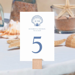 Kustblå Seashell Monogram Bröllop Bordsnummer