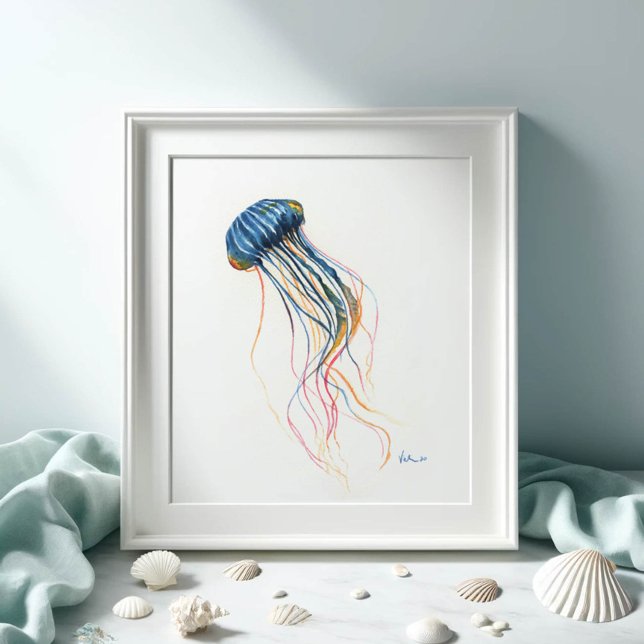 Kustblåhaj Art Vattenfärg Poster (Watercolor paintings by Victoria Grigaliunas jellyfish print in shades of blue Shop Do Tell A Belle)