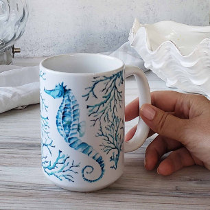 Kustblåsjöhäst och korallvattenfärg kaffemugg