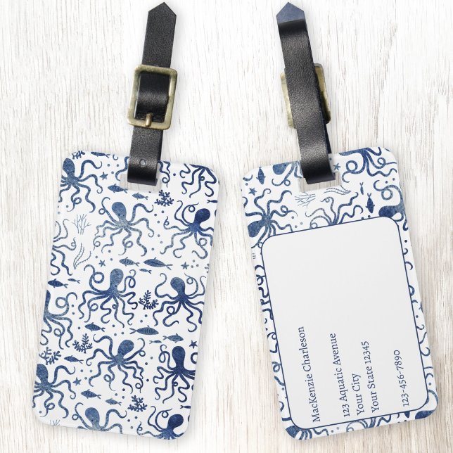 Kustblått akvarell Undervattensbläckfiskmönster Bagagebricka (Octopus blue and white watercolor coastal nautical aesthetic luggage tag)