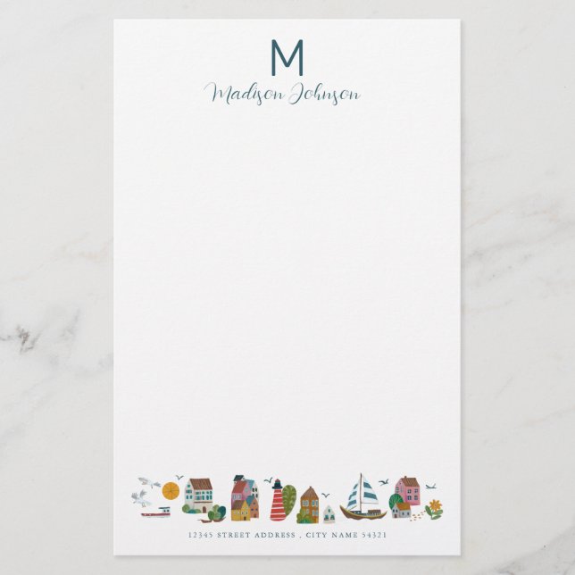 Kustblått babyskor Party Monogram Brevpapper (Framsida)