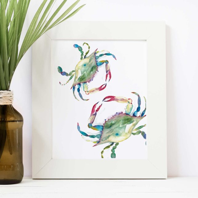Kustblått Crab Beach House Watercolor Poster (Unique crab wall art features watercolor blue crabs by Victoria Grigaliunas of Do Tell A Belle)