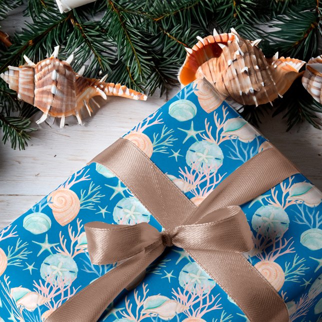 Kustblått julvatten, havsfärg Seashell Mönster Presentpapper (Coastal Blue Christmas Watercolor Seashell Pattern Wrapping Paper)