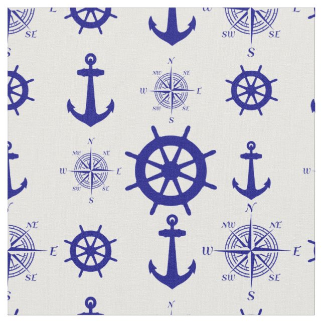 Kustblått (Nautical White Blue) segling Mönster Tyg (Närbild)
