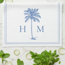 Kustblått och vitt palmetto Handflatan Monogram Kökshandduk