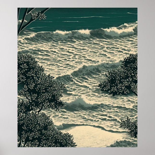 Kustbliss: Serene Sandy Beach Lino cut Teckning Poster (Framsidan)