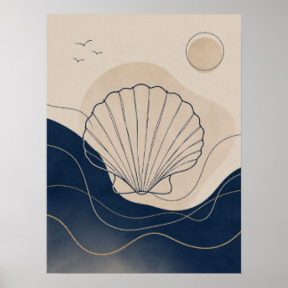 Kustboho Snigelskal och djupa blå havsvågor Poster