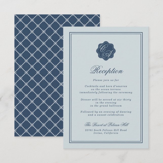 Kustbröllop Dusty Blue Monogramm Mottagning Tilläggskort (Fram/baksida)