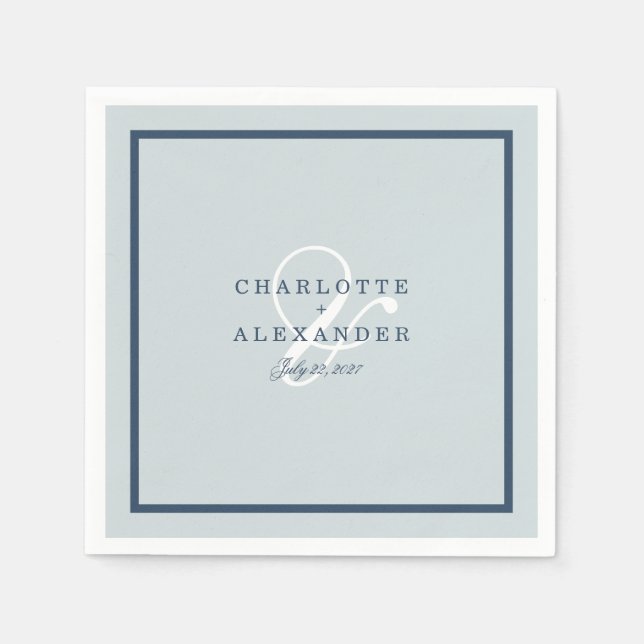 Kustbröllop Dusty Blue Monogramservett Pappersservett (Framsidan)