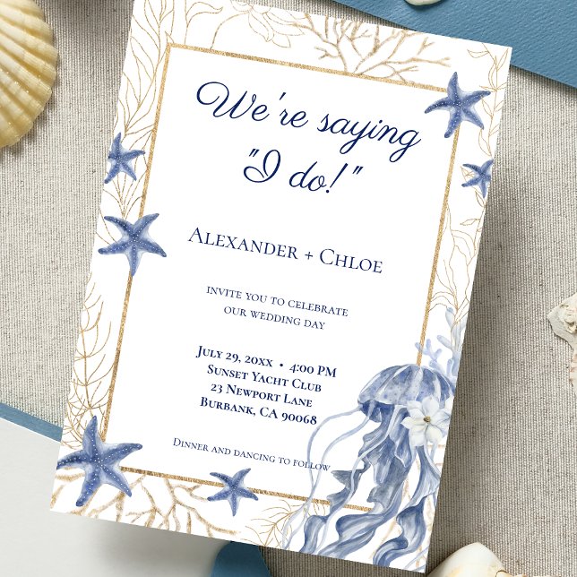 Kustbröllop Navyblå Guld Inbjudningar (Coastal Wedding Navy Blue Gold Invitation)