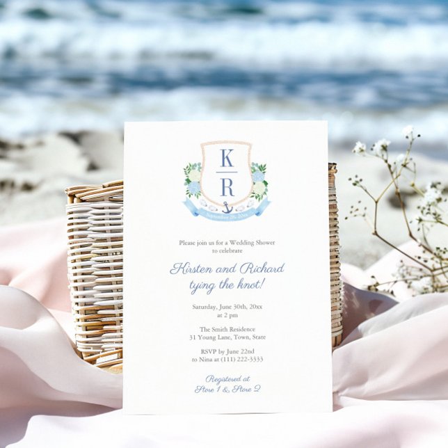 Kustbröllopsfirande för par - Bröllopsdusch Inbjudningar (Elegant coastal monogram couples wedding shower invitation)