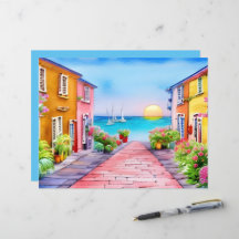 Kustby Solnedgång Vattenfärg Scrapbookpapper
