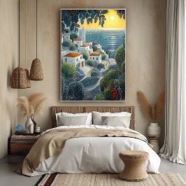 Kustby vid solnedgång i pointillistisk stil poster