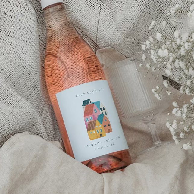 Kustbybabduschen party vinflaska etikett (Coastal village baby shower party wine label)