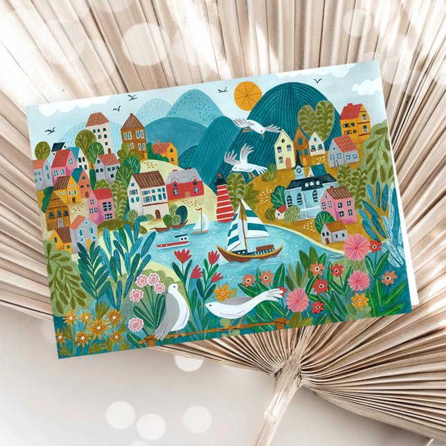 Kustbyhamn Scenisk Illustration  Kort (Coastal Village Harbor Scenic Illustration Card)