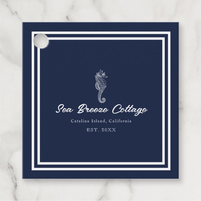 Kustcharm: Blå och vit sjöhäst Gåvor Etiketter (Framsida)