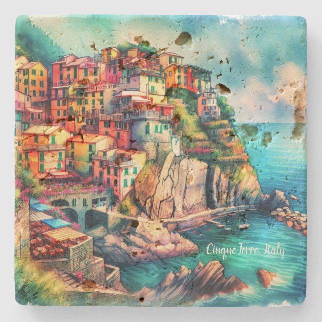 Kustcharm Cinque Terre Italien Watercolor | Stenunderlägg (Framsidan)