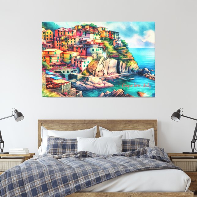 Kustcharm Italien Cinque Terre Watercolor | Canvastryck (Insitu (sovrum))
