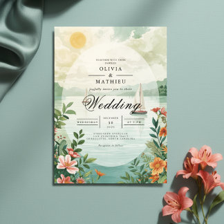 Kusten Vatten Blommigt Bröllop Inbjudningar