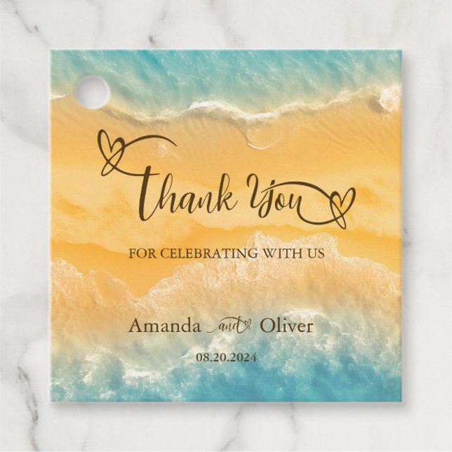 Kustens Chic Golden Sand Tur ise Vatten Bröllop Gåvor Etiketter (Framsida)