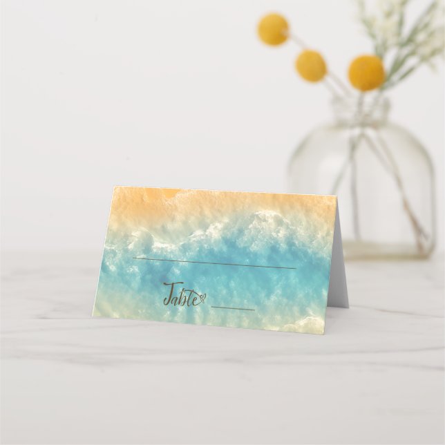 Kustens Chic Golden Sand Tur ise Vatten Bröllop Placeringskort (Framsida)