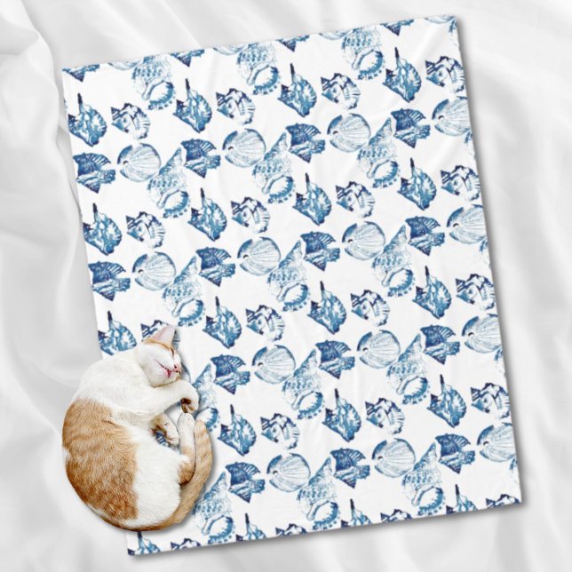 Kustens chic indigo blue sea water color säsonhell fleecefilt (coastal chic indigo blue ocean watercolor seashell fleece blanket)