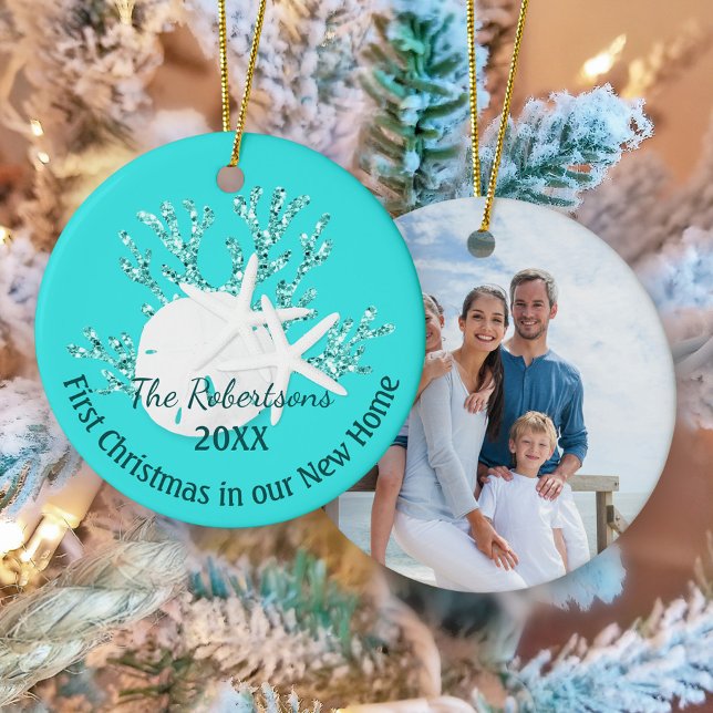 Kustens första jul - nya hem-Aqua Blue Photo Julgransprydnad Keramik (Skapare uppladdad)