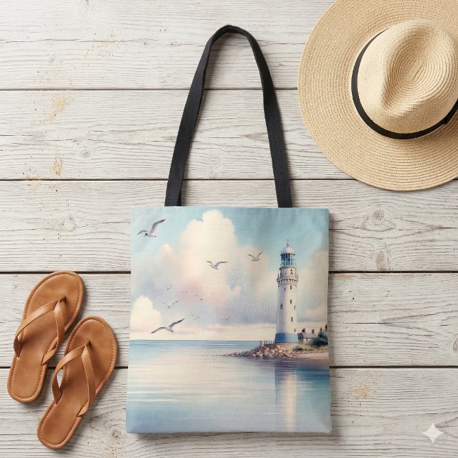 Kustens fyr fåglar Pastellfärgad himmel Stillhet Tygkasse (Coastal Lighthouse Seagulls Pastel Sky Serenity Tote Bag On Wood Floor)