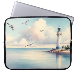 Kustens fyr Havsfåglar Pastellfärgad himmel Stillh Laptop Fodral
