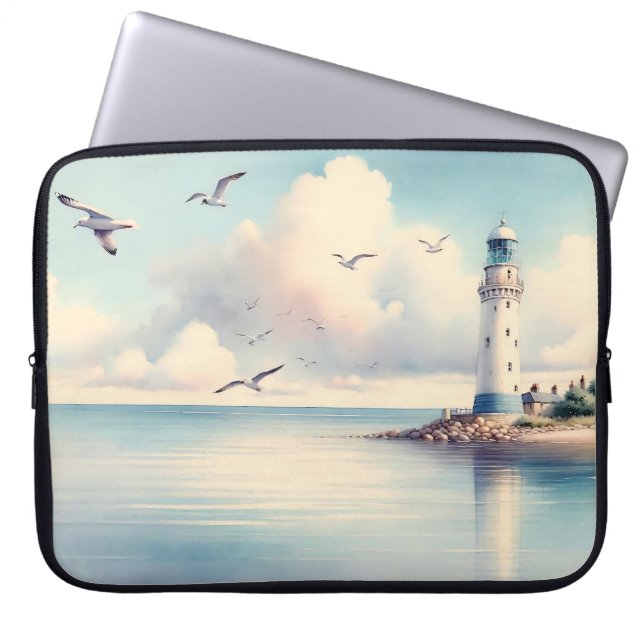 Kustens fyr Havsfåglar Pastellfärgad himmel Stillh Laptop Fodral (Framsidan)
