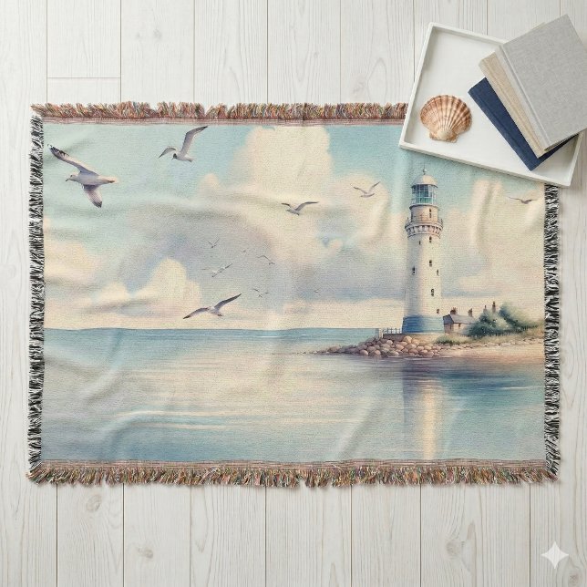 Kustens fyr Sjöfåglar Pastellfärgad himmel Stillhe Filt (Coastal Lighthouse Seagulls Pastel Sky Serenity Throw Blanket On Floor)