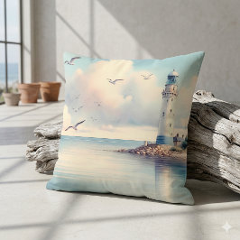 Kustens fyr Sjöfåglar Pastellfärgad himmel Stillhe Kudde