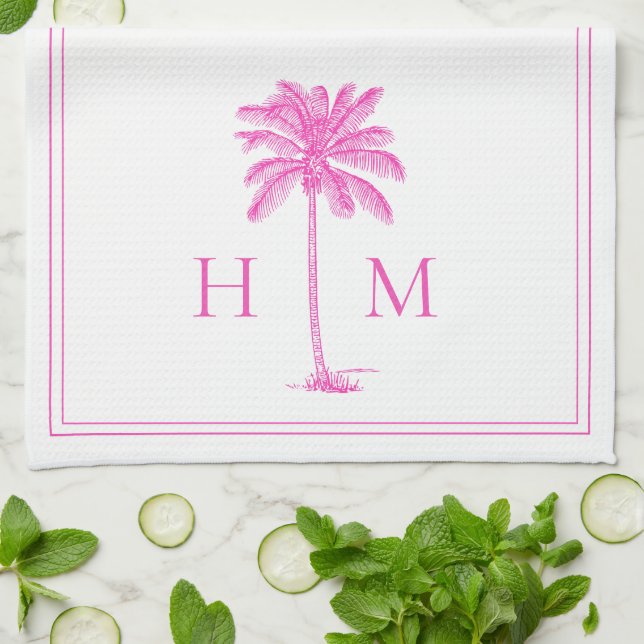 Kustens Rosa och vit Palmetto Handflatan Monogram Kökshandduk (Vikta)