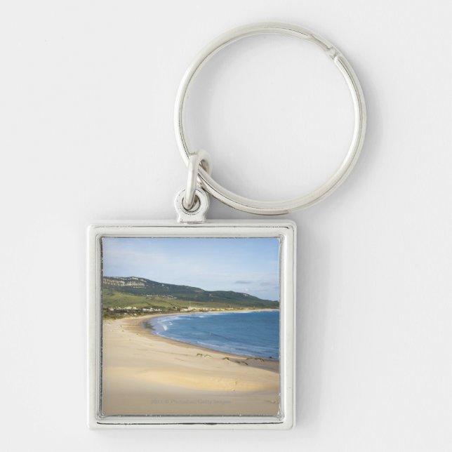 Kustenstrand Along kusten nära Tarifa Fyrkantig Silverfärgad Nyckelring (Framsidan)