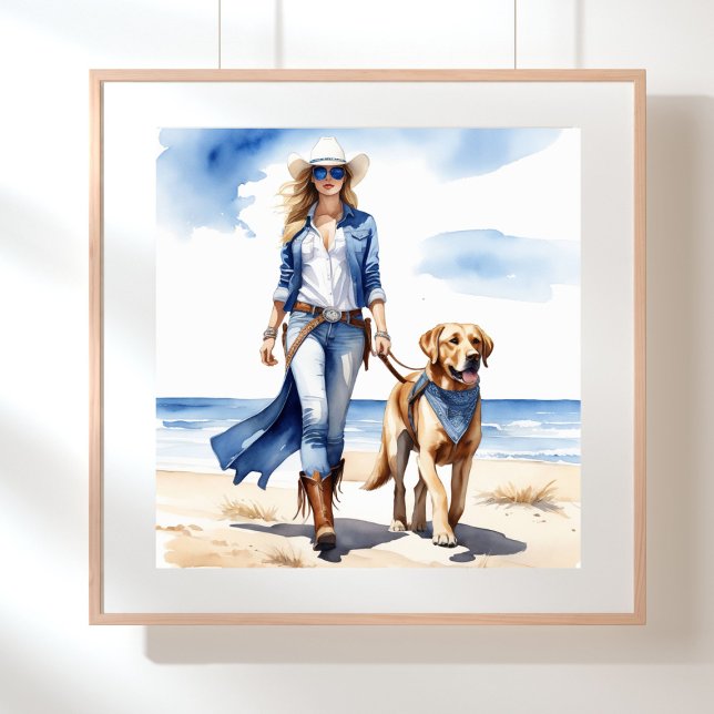 Kustflicka i Denim med en Hund på stranden Poster (Coastal cowgirl in denim walking on the beach with a dog)