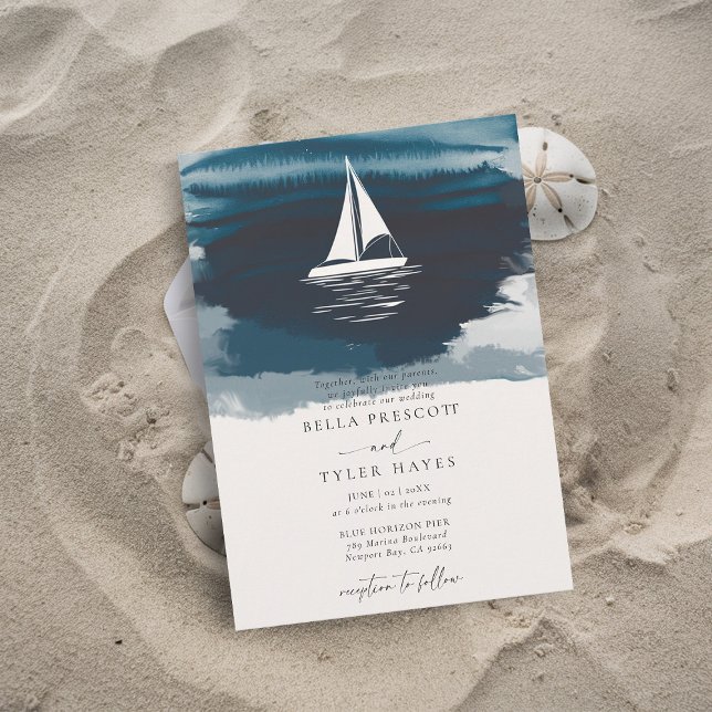 Kustflottans havsstrand Segelbåt Elegant bröllop Inbjudningar (coastal wedding invitation modern minimalist elegant beach ocean waves boat sail sailing navy blue)