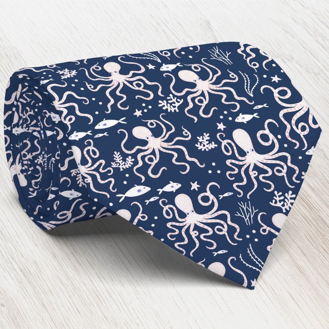 Kustflottans Marinblåa Undervattensbläckfisk Slips (Modern navy blue coastal nautical octopus pattern neck tie)