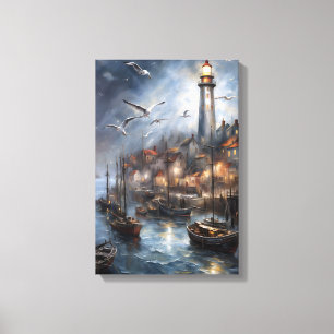 Kustfyr i Twilight Nautical Art Canvastryck