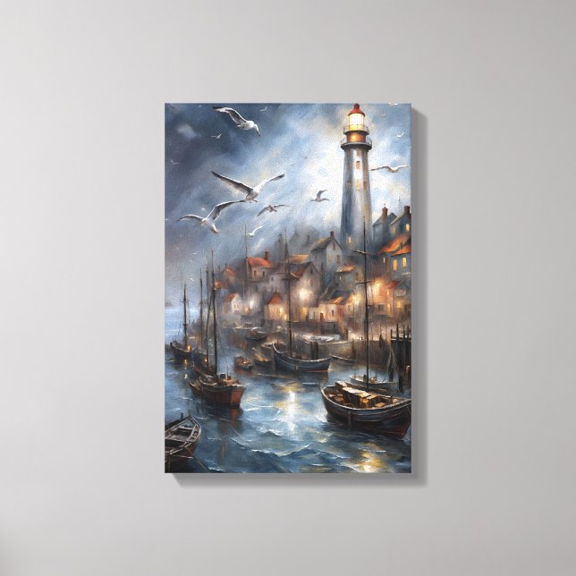 Kustfyr i Twilight Nautical Art Canvastryck (Framsida)