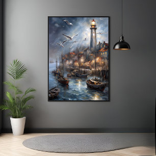 Kustfyr i Twilight Nautical Art Poster