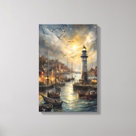 Kustfyr och seaside Village Sunset Art Canvastryck