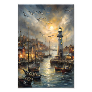 Kustfyr och seaside Village Sunset Art Fototryck