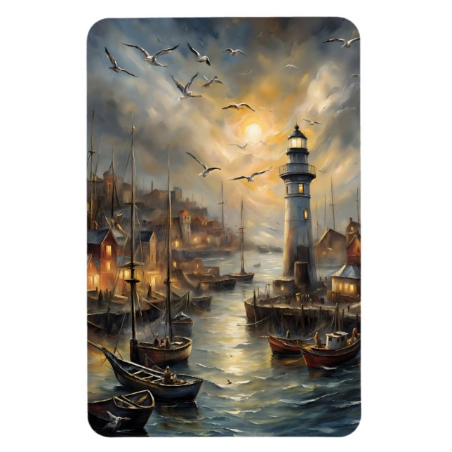 Kustfyr och seaside Village Sunset Art Magnet (Vertikal)