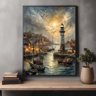 Kustfyr och seaside Village Sunset Art Poster